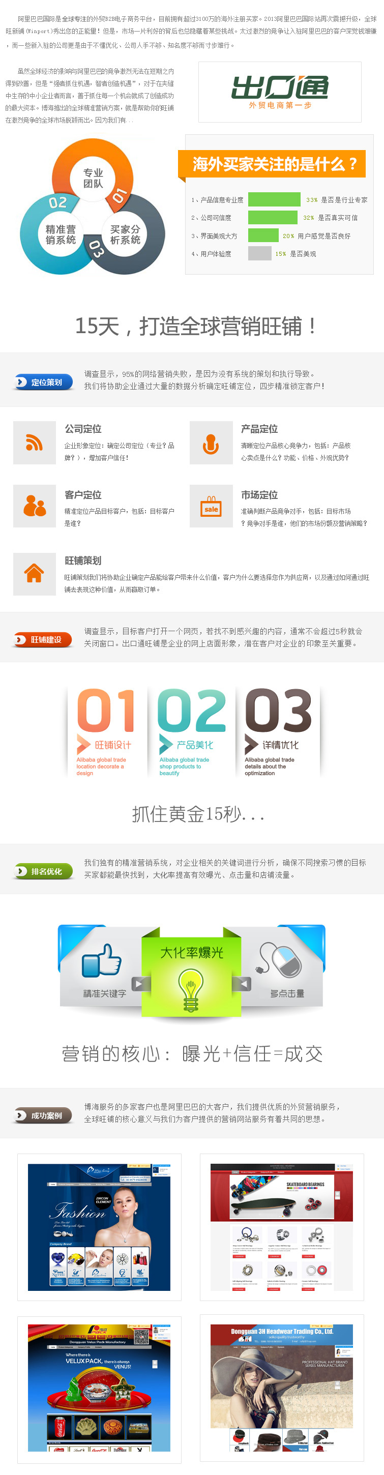 Alibaba出口通旺铺装修，全球旺铺营销，产品美化，详情优化，B2B优化排名，为阿里巴巴出口通，金品诚企客户提供订制和优化服务，在B2B中更能脱颖而出